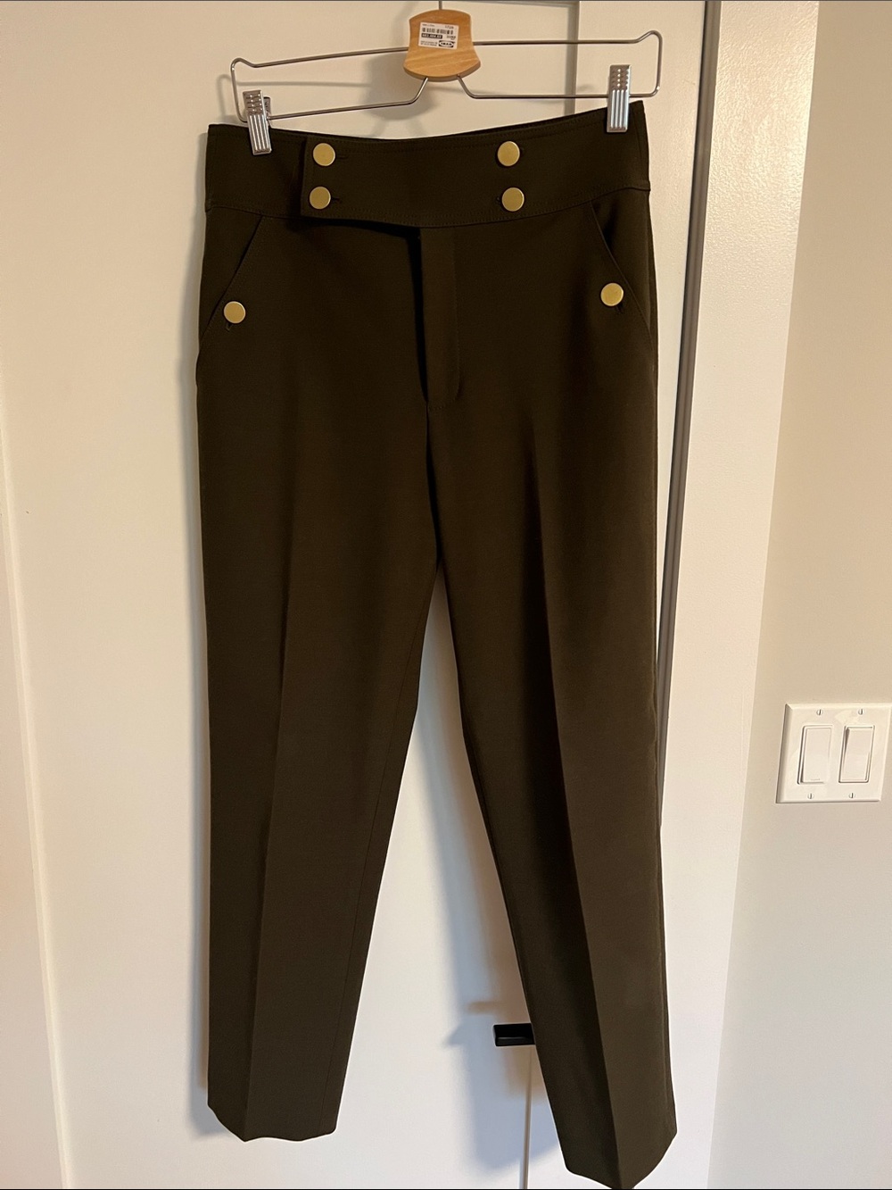 Club Monaco Olive Green High-Waist Trousers with Gold Buttons
